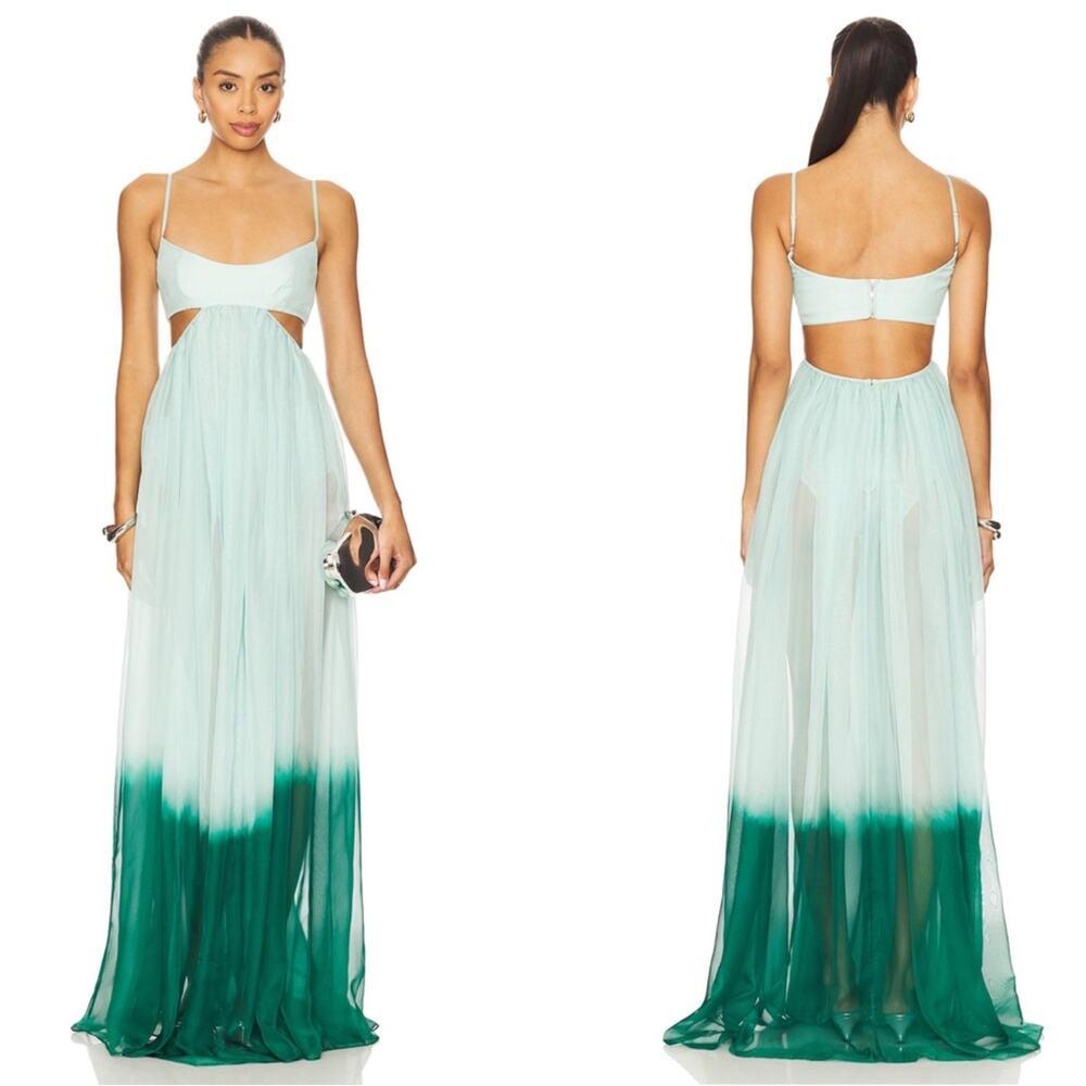 SAU LEE Gia Cutout Seafoam Green Ombre Sheer Maxi Dress Size 10